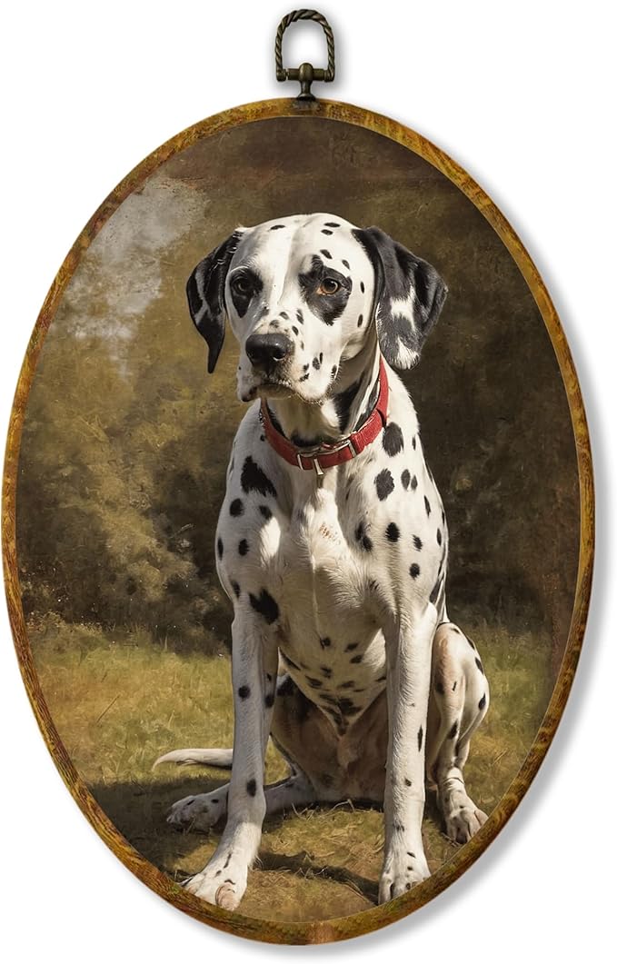 Hiuwevt Vintage Dalmatian Dog Oval Wall Art Decor, Antique Dog Gifts Framed Canvas Prints, Rustic Retro Dalmatian Oval Wall Hanging Decor for Home Gallery Decorations, 8.6x11.4 Inches