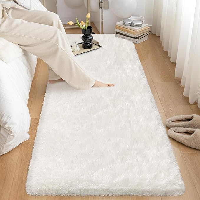 White Fluffy Runner Rugs for Bedroom Living Room Soft Shag Rug 2x8 Feet Plush Carpet Non Slip for Nursery Dorm, Fuzzy Bedside Rug Hallway for Kids Boys Girls Room Home Decor