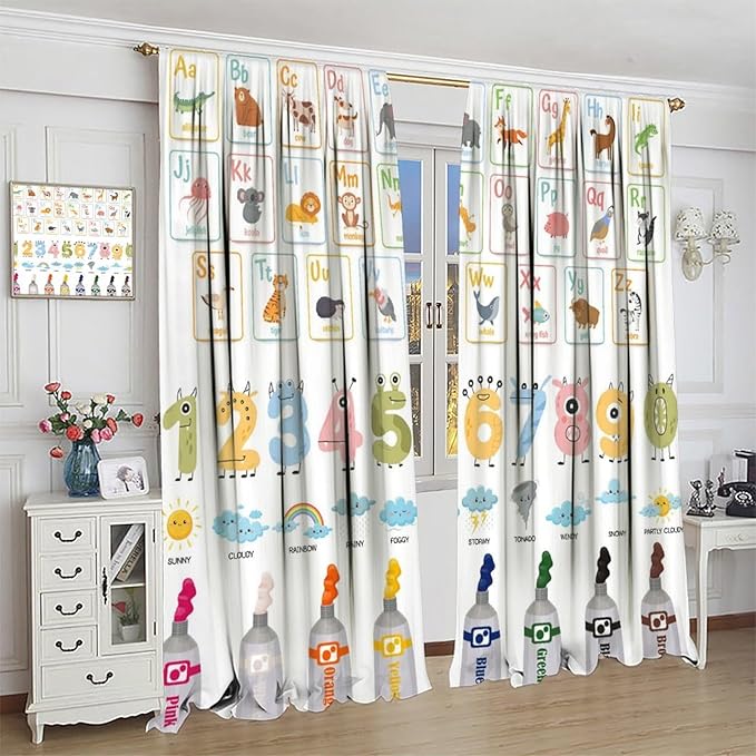 Alphabet Learning Curtain for Kids, Colorful Cartoon Animal Multiplication Table Educational, Classroom Child Printed Rod Pocket Blackout Window Drapes for Bedroom Living Room 42" W X 63" L