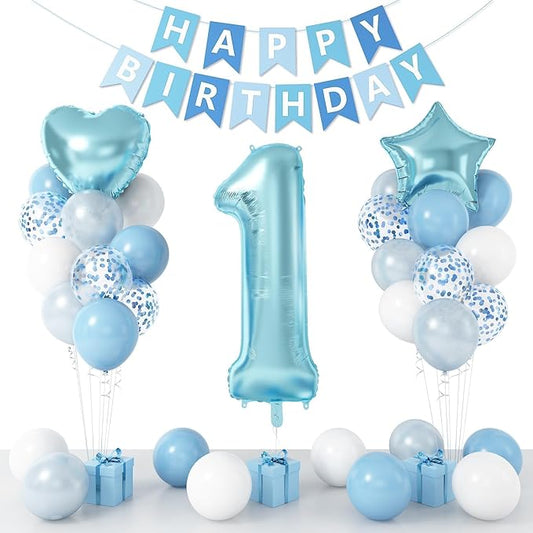 1st Birthday Decoration for Boys, Blue White Confetti 1st Birthday Balloon with 40Inch Number 1 Blue Balloons Star Heart Foil Balloon and Happy Birthday Banner for Baby 1 Year Old Birthday Party Decor