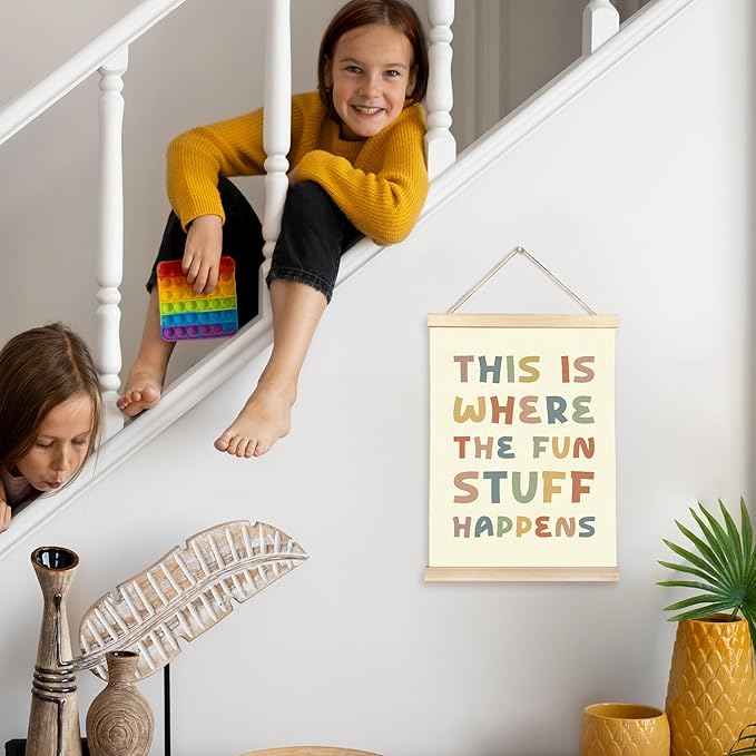 Hiuwevt Boho Fun Classroom Poster Hanger Frame, Kids Playroom Decor, This Is Where the Fun Stuff Happens Colorful Wall Art Decor for Kids Room Nursery Playroom Classroom Home, 12x16 Inch