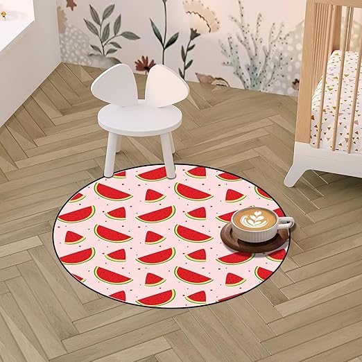 Round Watermelon Rug Pink Rugs for Bedroom Dorm Living Room Fruits Area Rug Floor Mat Pad Doormat Carpet, 3'X3'(90x90cm)