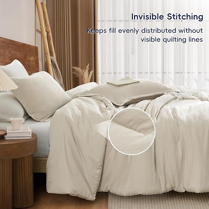 PHF Cotton Muslin Comforter Set Queen Size, Ultra Soft, Breathable & Lightweight All-Season Bedding, Filling: 100% Polyester, 3 Pieces with 1 Comforter 90"x90" and 2 Pillow Shams 20"x26", Natural