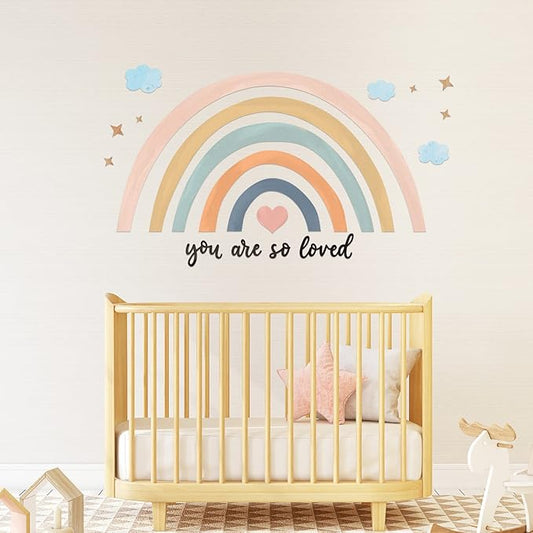 Containlol Rainbow Wall Decals, Playroom Wall Decor for Girl Room, Watercolor Peel and Stick Wallpaper, Boho Wallpaper 30 x 14 Inch Heart Art Stickers for Toddler Bedroom Nursery(Blue Pink,Cute)