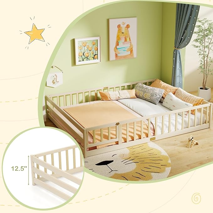 KOMFOTT Queen Size Wood Floor Bed with Door & Fence, Montessori Bed Frame with Full Length Safety Guardrails, Door & Latch, Wooden Montessori Floor Bed for Kids, Girls, Boys (Queen,Natural)
