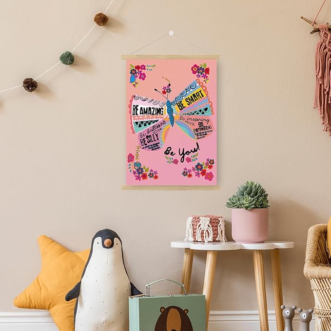 Qswo Inspirational Quotes Wall Decor for Women,Be Amazing Be You Pink Wall Art Poster Hanger Frame,Motivational Hanging Canvas Wall Decor for Girls Room Dorm Nursery