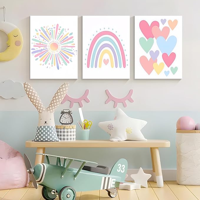 Dytial 3 Piece Toddler Girl Room Decor, Rainbow Wall Decor for Girls Bedroom, Colorful Boho Sunshine Paintings for Nursery Decor, Kids Room Wall Decor, Classroom Decoration 16x24 Inch