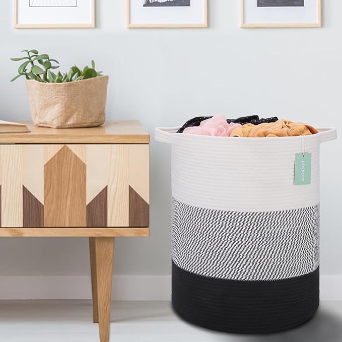 BOSROTY Large Laundry Hamper for Girls Boys Kids 72L, Nursery Hamper, Tall Laundry Basket, Cotton Rope Woven Blanket Basket for Storage Toys Clothes Towels, 16”x 22”, White & Gray & Black