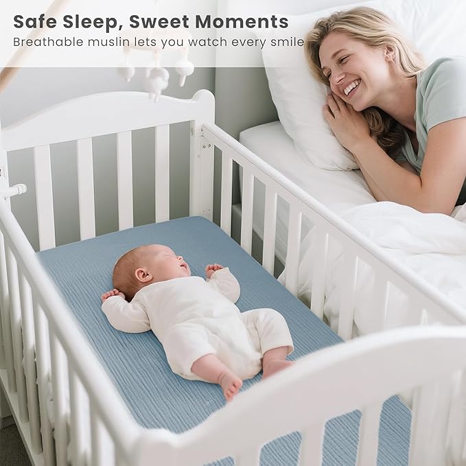 Konssy 2 Pack Muslin Bassinet Sheets for Baby Boy, 100% Cotton Soft Bedside Sleeper Bassinet Sheets, Compatible with Baby Delight, Dream On Me, AMKE and Other Rectangle Mattress (Star,Blue)