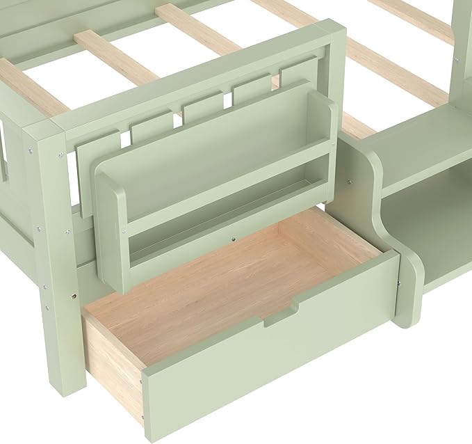Bellemave Twin Size Kids Bed with high Rails and with Built-in Bookshelf and Drawers for Kids, Girls, Boys, Wood Montessori Bed Without Door, Avocado Green