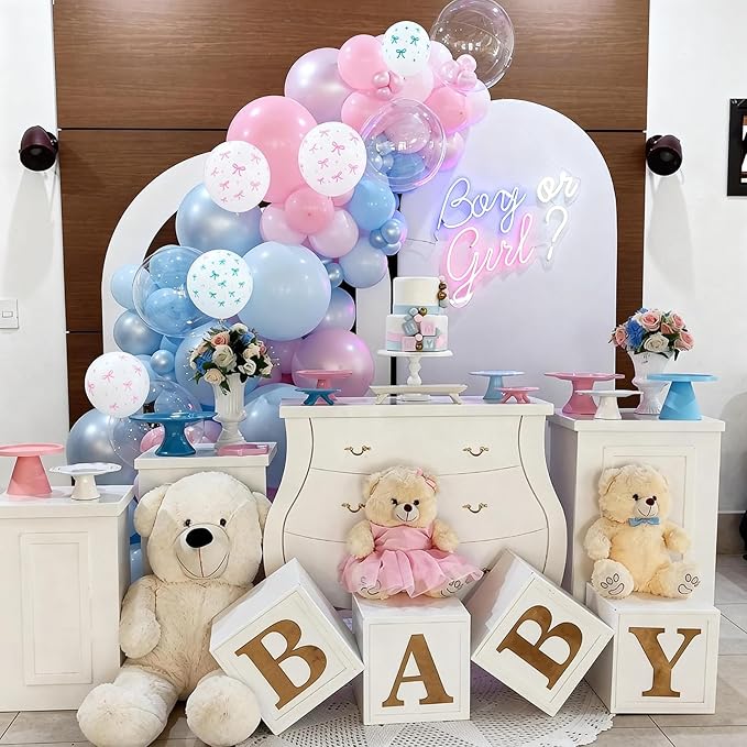 Pink and Blue Balloons, 60PCS 12 Inch Pastel Baby Pink and Blue Gender Reveal Balloons Bow Print Balloon for Boy or Girl Gender Reveal Decorations Bear Bow Baby Shower Party Decoration
