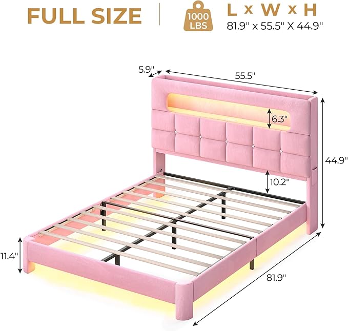 MSmask Full Upholstered LED Bed Frame with 2-Tier Storage Bookcase Headboard, Velvet Princess Bed with Crystal Button Tufted Headboard & Charging Station, Girls Platform Bed, Curved Legs, Pink