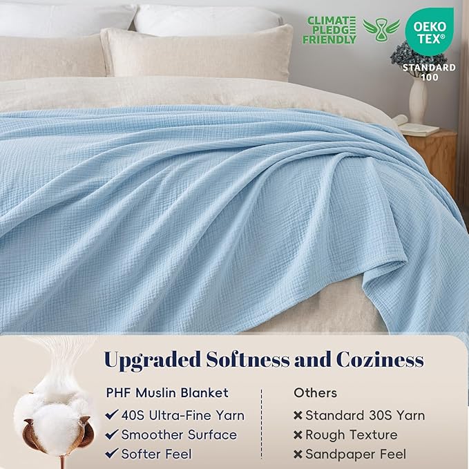 PHF 100% Cotton Muslin Blanket Queen Size 90"x90", 4-Layer Lightweight Gauze Throw, Breathable Cloud-Soft Minimalist Blanket for Bed, Couch, Camping & Baby, Sky Blue, Ideal Gift