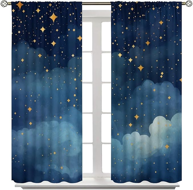 Night Sky Stars Curtain for Kids, Blue Starry Space Galaxy Pattern Window Treatments for Boys Girls Bedroom Toddlers Room Living Room 42" W X 63" L