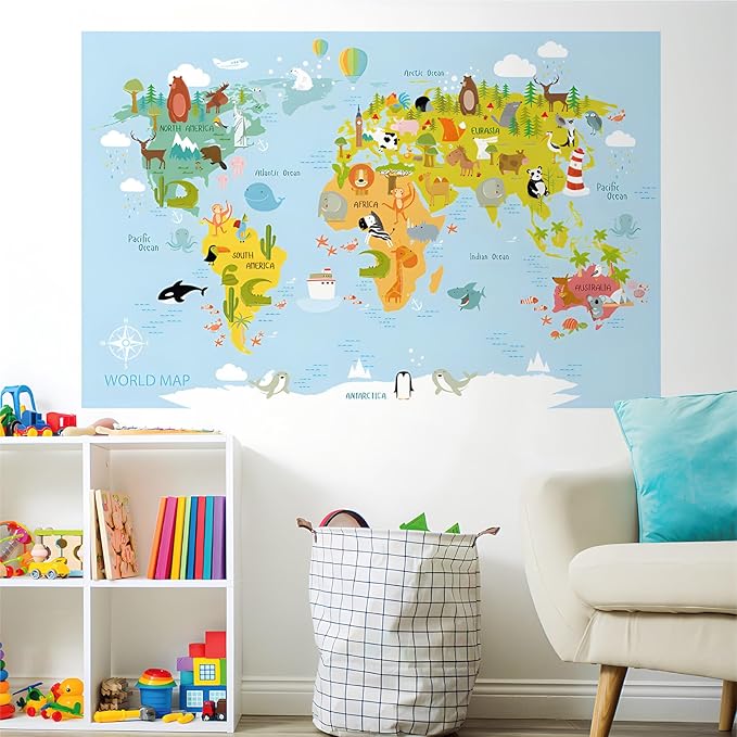 Animal World Map Wall Decals Kids Educational Learning Landmarks Wall Stickers Jungle Wild Animal Wall Art Decal Removable World Map Simple Cute Animal Wall Murals for Kids Calssroom Decor