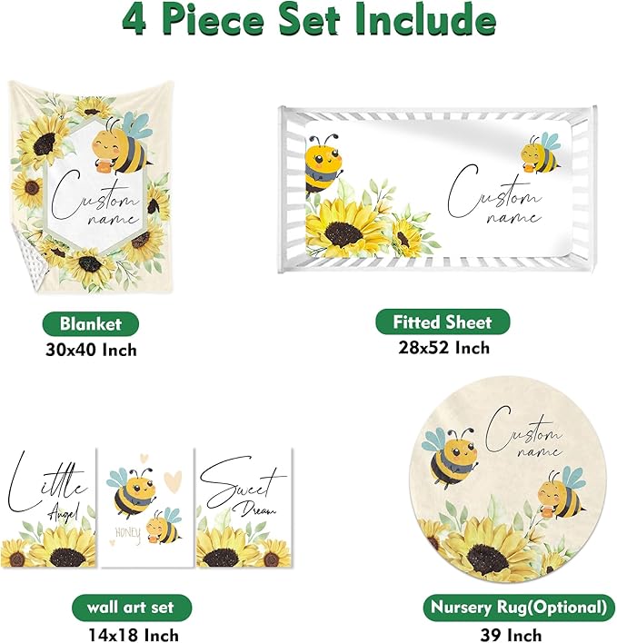 Custom Baby Crib Bedding Set,Personalized Name Yellow Bee Pattern Nursery Bed Set 4 Piece,Baby Blanket Fitted Sheet Nursery Rug Wall Art Set,Custom Room Decor Idea Gift for Newborns Boys Girls