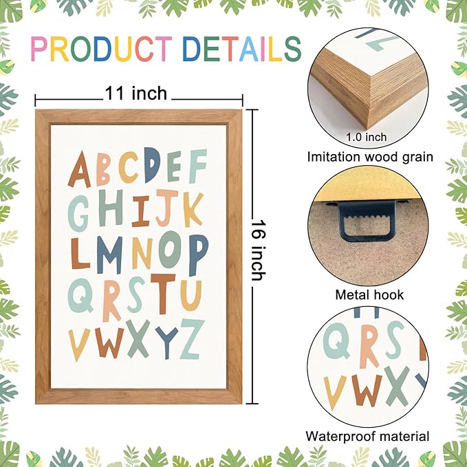 3 PCS Alphabet Framed Playroom Wall Decor,Classroom Must Haves Boho Educational ABC Poster Wooden Sign for Baby Girl Kid Boy Toddlers,Neutral Preschool English Letters Nursery Decor for Homeschool Kindergarten Kids Learning Natural