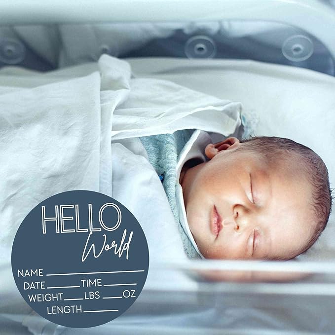 Hello World Newborn Sign - Baby Name Birth Announcement Plaque for Hospital - Photo Prop - Blue Nursery Decor - Shower Gift