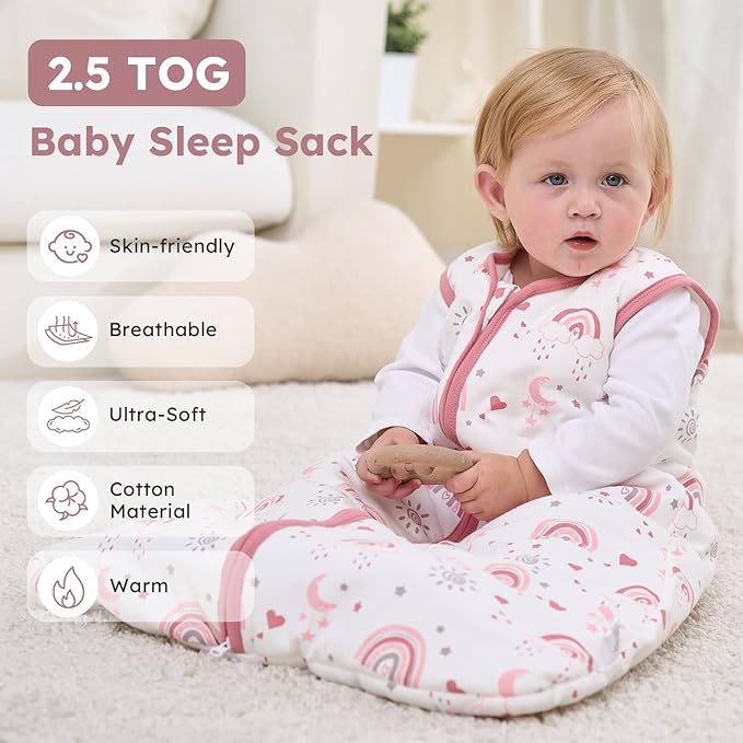 Baby Sleep Sack 12-18 Months, 2.5 TOG Cotton Winter Baby Wearable Blanket with 2-Way Zipper, Warm Soft Sleeping Bag for Toddler Boy Girl, Large Rainbow