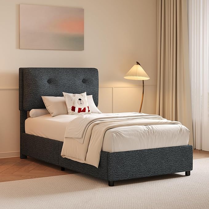 Twin Bed Frames,Breathable Boucle Fabric Upholstered Bed Frame Twin with Headboard,Removable and Washable,Wood Slat Support,No Box Spring Needed,Easy Assembly,Cama Individual, Dark Grey