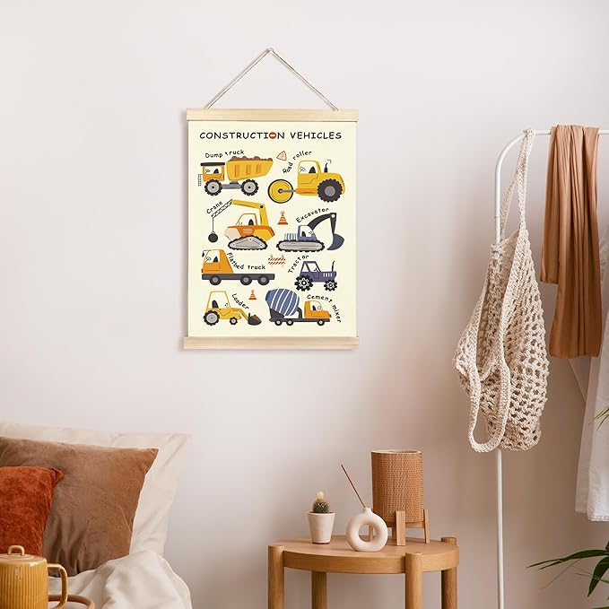 CGBHW Construction Vehicles Nursery Poster Hanger Frame, Kids Educational Learning Trucks Name Posters Wall Art Hanging Decor for Toddler Boy Baby Room Playroom Classroom，12x16Inch