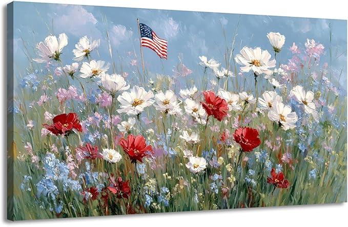 BewDalky American Flag Wildflower Field Canvas Wall Art for Home Decor, Patriotic Rustic Floral Landscape Art Print, USA Independence Day Artwork for Living Room, Bedroom, Bathroom Wall Decor 12"x24"