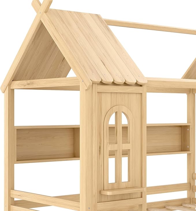 MERITLINE Twin Size House Bed with Storage Drawers & Window, Solid Wood Platform Bed Frame with Shelves, No Spring Box Needed, Childlike Design for Kids, Girls, Boys, Natural