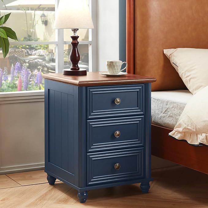 18" Farmhouse Night Stand, Blue Wood Nightstand with 3 Drawers, Bedside End Table with Storage and Roman Column, Bed Side Tables Cabinet for Bedroom, Living Room, and Closet