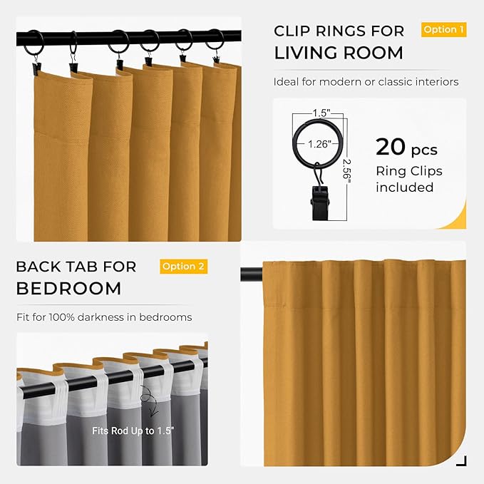 INOVADAY 100% Blackout Curtains for Bedroom, Black Out Curtains 102 Inch Long, Clip Rings Linen Blackout Drapes, Thermal Insulated Room Darkening for Living Room, 2 Panels - Mustard Yellow,W50xL102