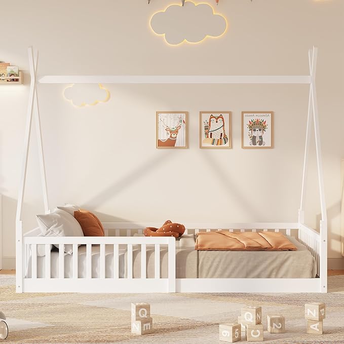 Merax Twin Size House Platform Frames Bed Floor Bed with Fence for Boys or Girls, No Box Spring Needed(Slats Kit Included), White
