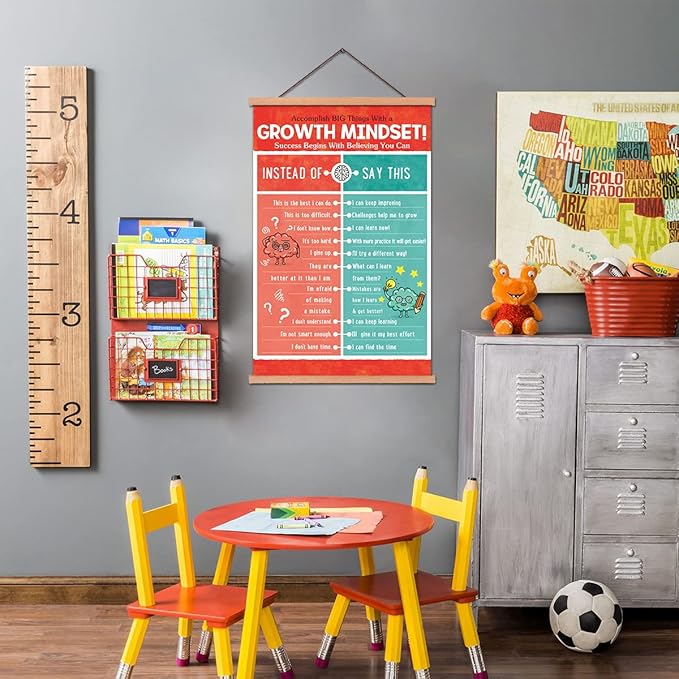 KAIRNE Kids Growth Mindset Poster Educational Classroom Poster With Wood Magnetic Hanger,Motivational Quote Canvas Wall Art(35X56CM) Students Positive Art Print For Kids Playroom Classroom Decor