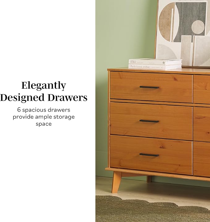 Walker Edison Sloane 6-Drawer Solid Wood Dresser with Metal Handles, 52 Inch, Caramel