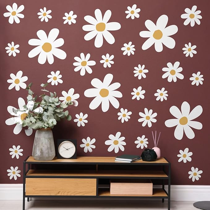 TaoBary 12 Sheets Daisy Wall Decal Flower Wall Sticker Cute Daisy Sticker Pink White Flower Decal Peel and Stick Floral Wallpaper for Nursery Bedroom Home Decor(White, Yellow,Cute Style)