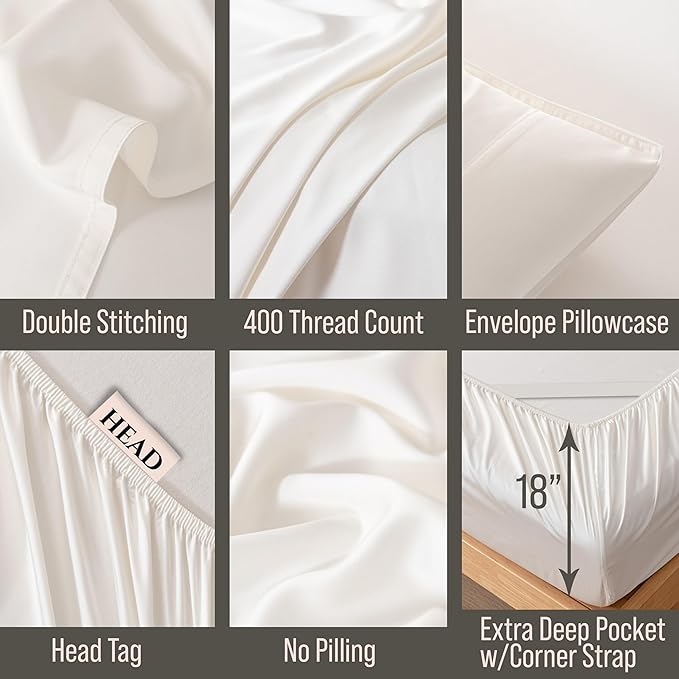 Bella Coterie 6 Piece Luxury Bamboo Viscose Split Top King Size Sheet Set | 34" Split for Adjustable Beds | 100% Organically Grown| Cooling | 18” Deep Pocket | 4 Pillowcases [Ivory]