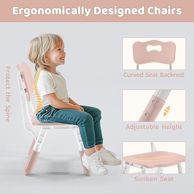 Kids Table & Chairs Set (2 Chairs) Height Adjustable for Ages 2-8 | Non-Slip Toddler Activity Table with Wipe-Clean Desktop, Montessori Learning & Art Drawing Tables for Home Preschool