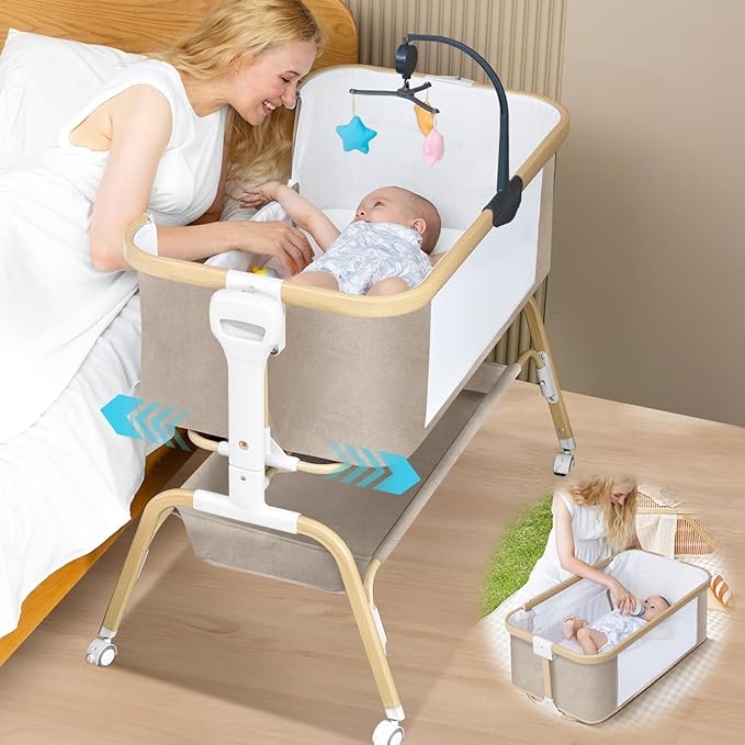 Baby Bassinet, Rocking Bedside Sleeper, Detachable & Portable Bassinet with 8-Level Height, Breathable Mesh, Storage Basket & Rotating Mobile Toy for Newborns Infant(Khaki)