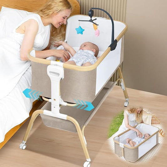 Baby Bassinet, Rocking Bedside Sleeper, Detachable & Portable Bassinet with 8-Level Height, Breathable Mesh, Storage Basket & Rotating Mobile Toy for Newborns Infant(Khaki)