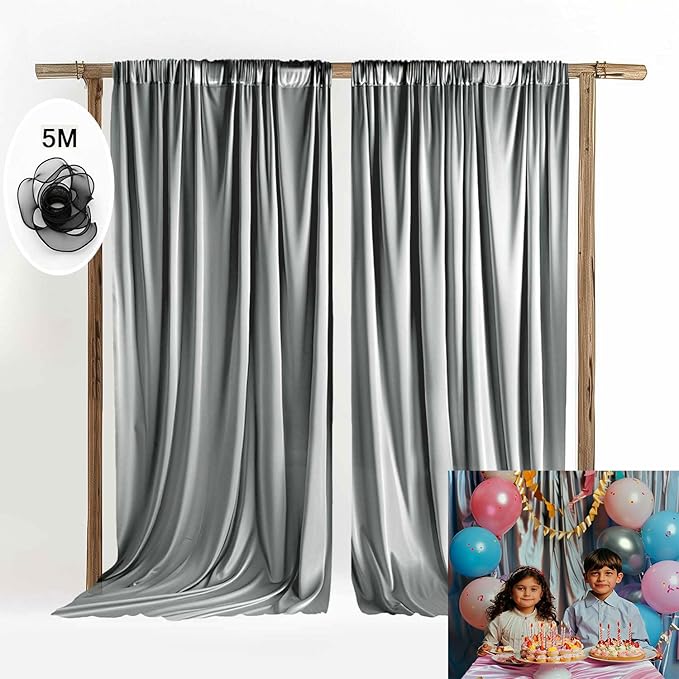 10x10ft Wedding Curtains Grey Wedding Backdrop for Ceremony Prom Stage Backdrop Satin Fabric Curtain Drapes Curtains Panels with Rod Pockets W5' x H10'2 Panels YUNBSDJ021