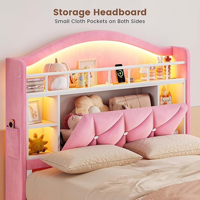 ADORNEVE Twin Size Bed Frame with LED Lights, Princess Velvet Upholstered Platform Bed for Girls, Headboard with Charging Station & Guardrail & Crystal Button, No Box Spring Needed, Pink