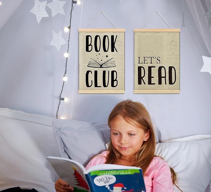 ULEGIE Book Club Let's Read Wall Art - Vintage Classroom & Library Decor, Reading Corner, Framed Wall Poster 2 Pack, 12x16 Inch