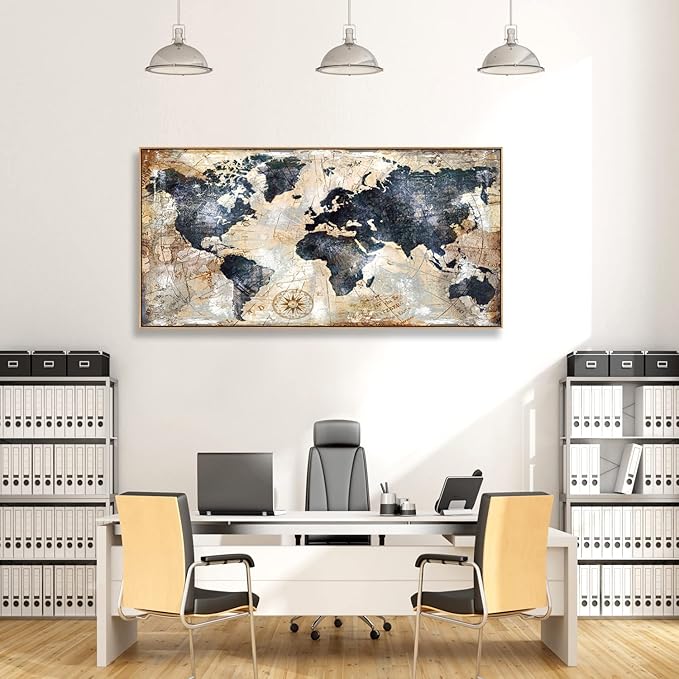 Tucai Decor Framed Wall Art World Map Wall Art Print Picture Decor Home Interior - Map Picture for Office Decor Travel Memory Nautical Map Canvas Artwork 20 x 40 inch Ready to Hang (Framed)