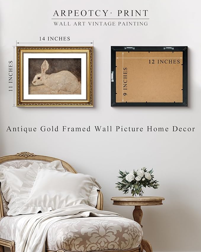 ARPEOTCY Vintage Gold Framed Wall Art, Easter White Rabbit Paintings, Aesthetic Canvas Picture Prints Artwork with Frame, Classical Victorian Wall Decor for Living Room Bathroom Bedroom 11x14 inch