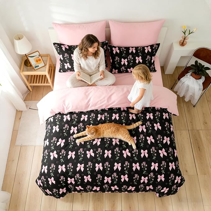 King Duvet Cover 3Pcs Black Pink Bow Bedding Set for Girls Kids, Cute Floral Bowknot Design, Super Soft 100% Microfiber Comforter Cover (2 Pillowcases, No Comforter)