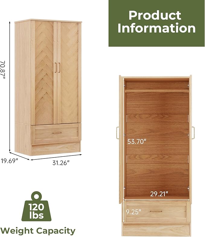 Solid Wood Armoire:Wardrobe Closet with Drawers and Hanging Rod,Storage Cabinet Clothes Organizer for Bedroom Original Wood Color