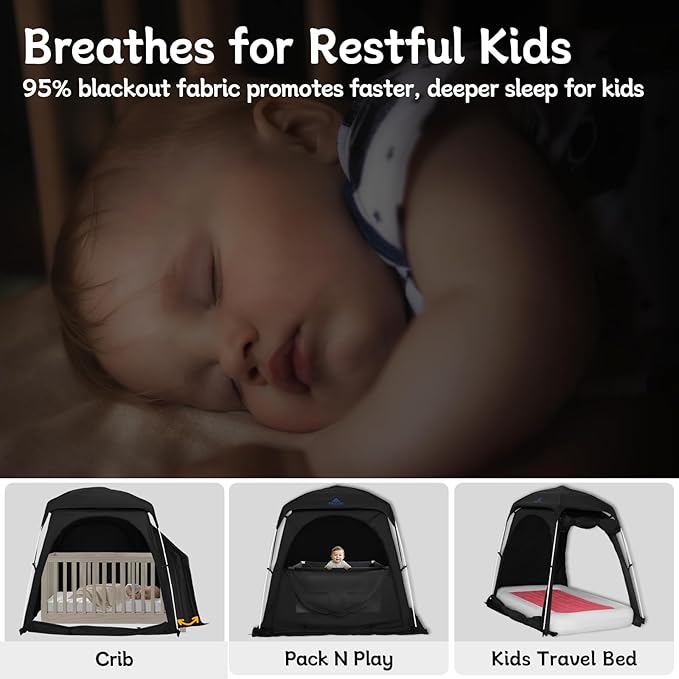 Baby Blackout Tent Fits Crib, Pack N Play, Toddler Travel Bed & Kids Cot, CPC Certified Sleep Pod with Fan Pocket 2 Mesh Doors, Breathable & Quiet Design, Easy Setup & Portable