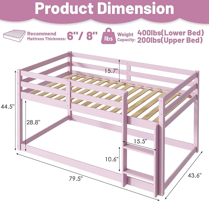 Bunk Bed Twin Over Twin, Wood Low Profile Floor Twin Bunk Beds with Ladder Guardrails for Kids Boys and Girls, No Box Spring Needed