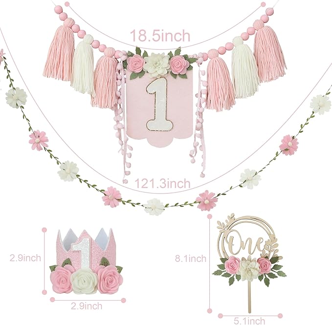 Wildflower First High Chair Banner Birthday Decorations For Girl One Flower Cake Topper Floral Hat 1st Birthday Decoration Supplies