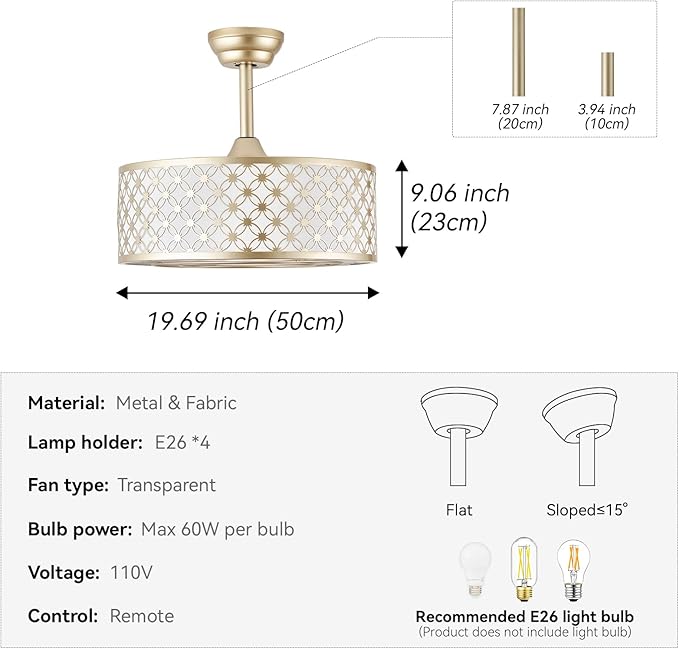Gold Fandelier Ceiling Fan with Light, 20" Caged Gold Chandelier Ceiling Fans with Lights Remote Control, Fabric Mid-Century Modern with 6 Speeds for Bedroom, Nursery, Living Room.