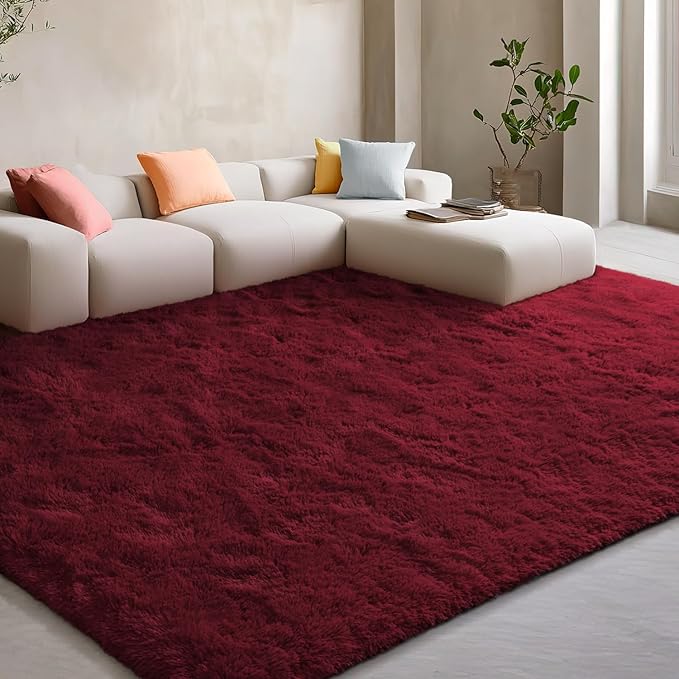 EVOIONOS Ultra Soft Area Rug for Bedroom, 4x6 Machine Washable Fluffy Shag Rug for Living Room, Plush Non Slip Carpet for Indoor Floor Bedside Nursery Kids Girls Dorm, Home Decor Aesthetic, Burgundy