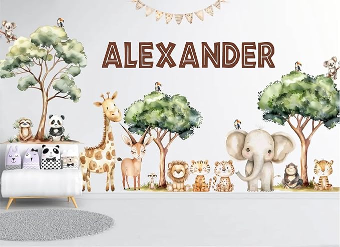Personalized Safari Name Wall Decal for Kids Room – Custom Woodland Animal Nursery Wall Stickers – Jungle Themed Vinyl Wall Art – Giraffe Elephant Lion Baby Room Decor – Boys Girls Bedroom Mural